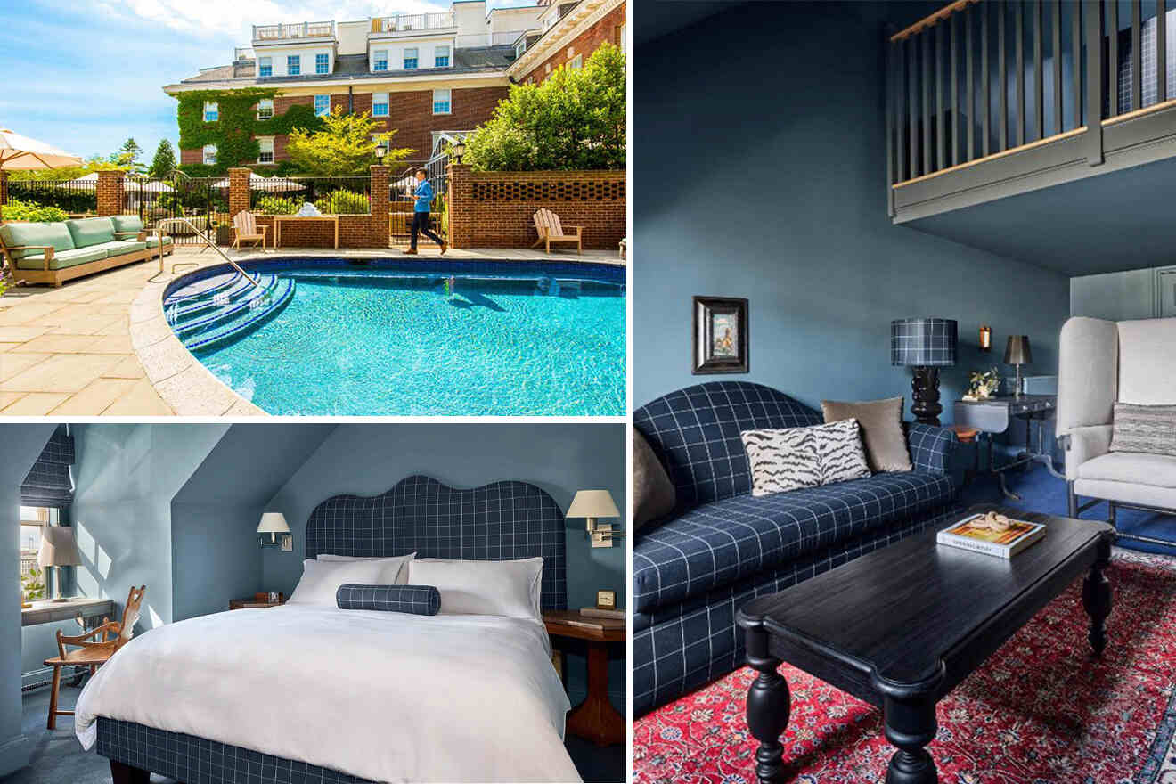 A collage of a hotel featuring a swimming pool, a bedroom with a double bed, and a cozy living area with comfortable seating and a patterned rug.