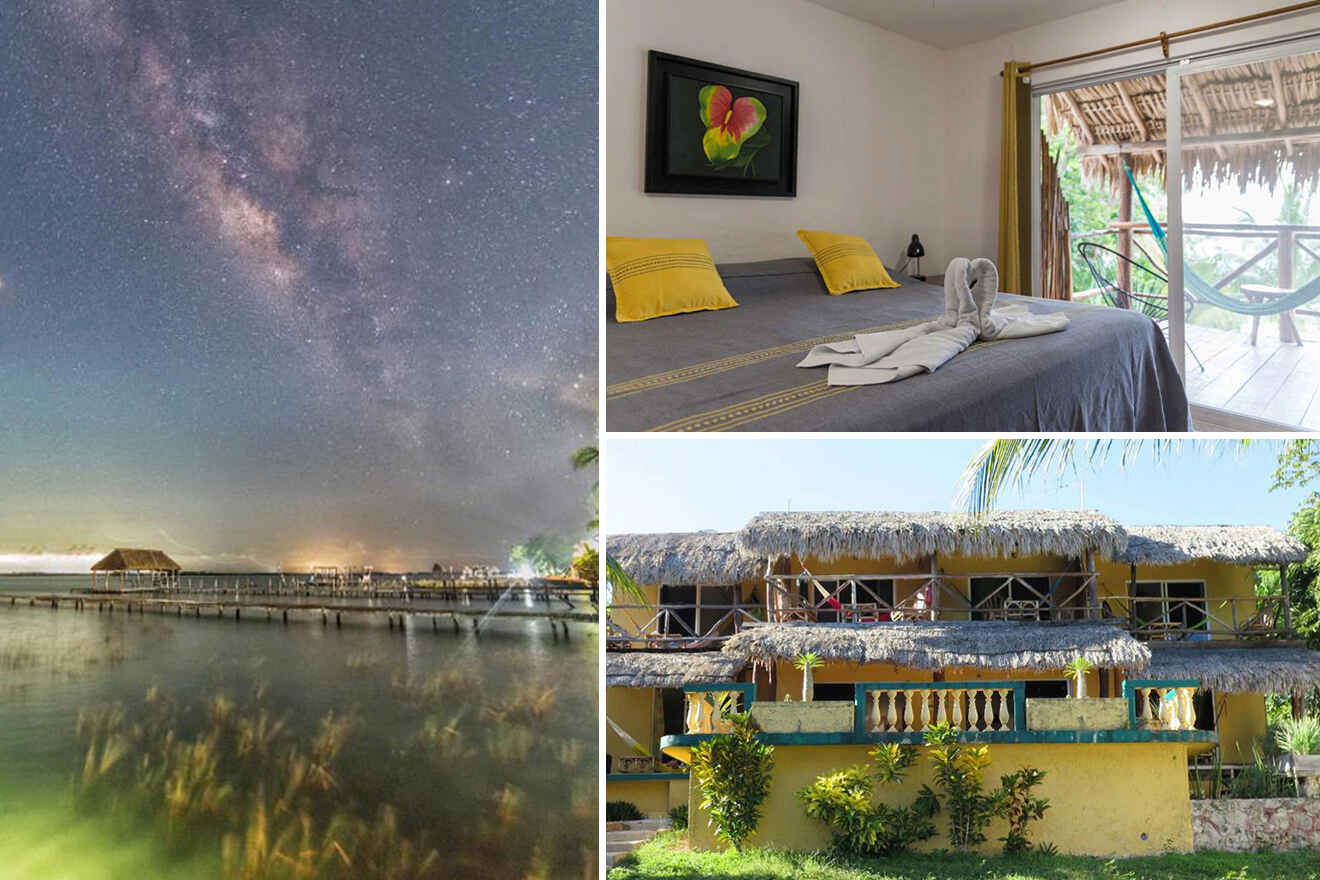 Collage of three images: Milky Way over a pier at night, a decorated hotel bedroom, and a view of a thatched-roof building with balconies surrounded by greenery.