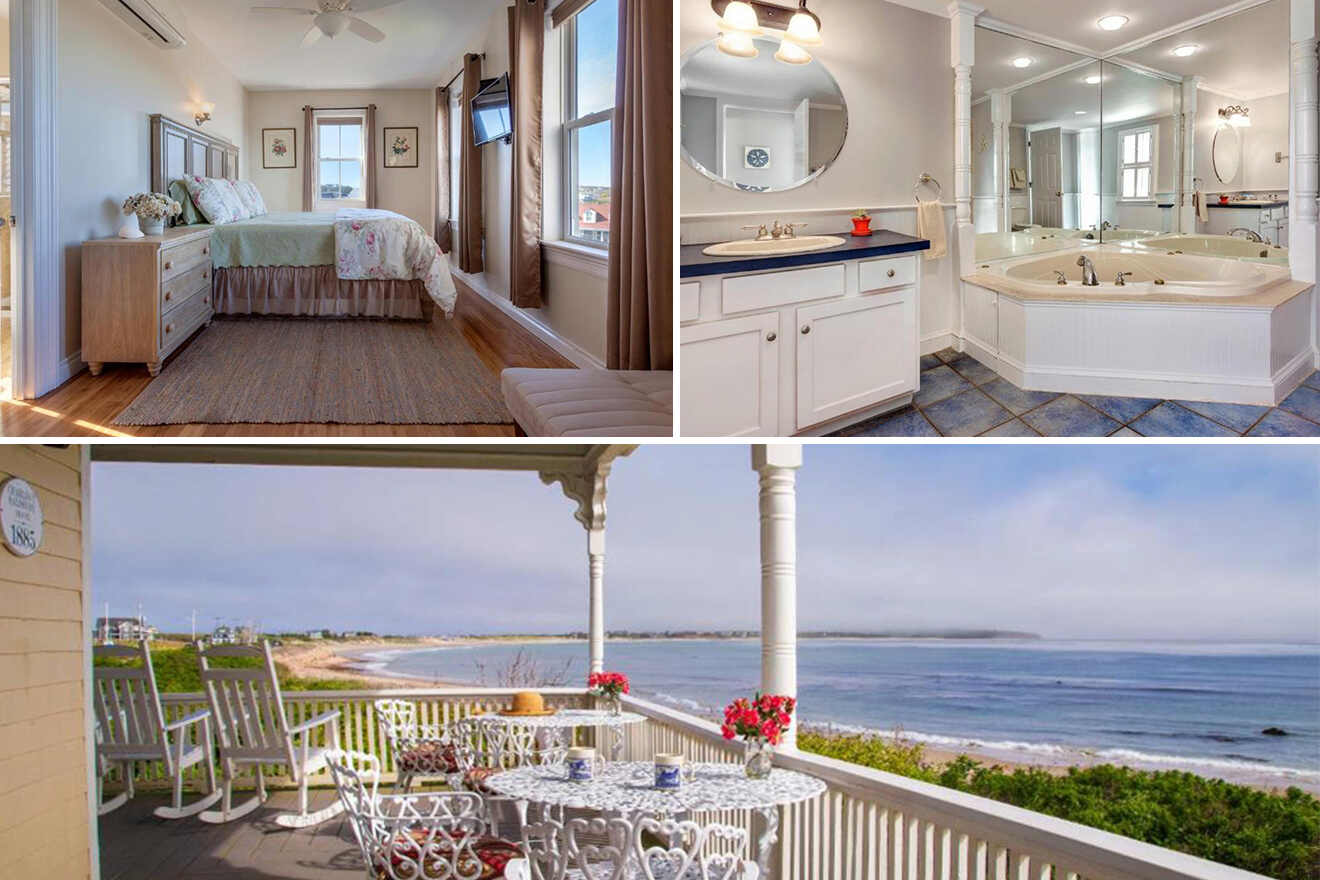 A modern bedroom, bathroom with jacuzzi, and a balcony with seating overlooking a beach.