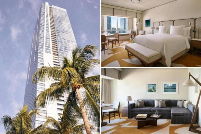 Three images: a tall modern skyscraper with palm trees, a hotel bedroom with a large bed and seating area, and a hotel living room with a sofa, table, and chairs.