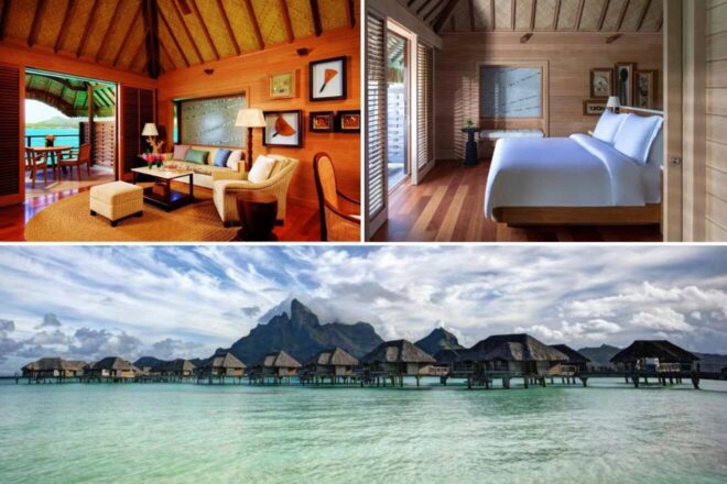 A tropical villa living room with woven ceilings and wooden decor, a serene bedroom with large windows and ocean views, and overwater bungalows with a backdrop of a dramatic mountain in Bora Bora.