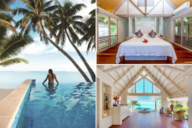 A collage of three hotel photos to stay in Cook Islands: a serene beachfront pool surrounded by lush palm trees, a bright modern bedroom with large windows, and an airy living area with wooden accents overlooking the ocean.