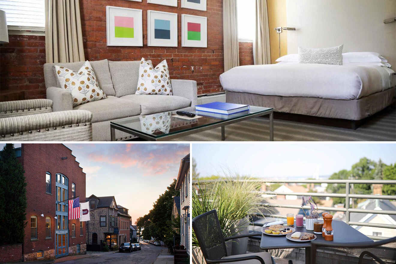 Collage of hotel room with modern furnishings, exterior view of a red-brick building at sunset, and an outdoor patio set with breakfast.