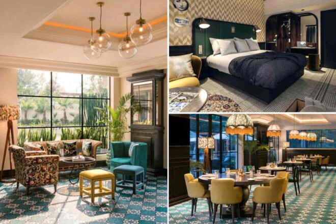 A collage of three hotel photos to stay in Delhi: the Connaught hotel's stylish modern design featuring a vibrant, eclectic lounge, a cozy bedroom with a bold, dark green headboard, and a dining area adorned with warm tones and patterned tile flooring.