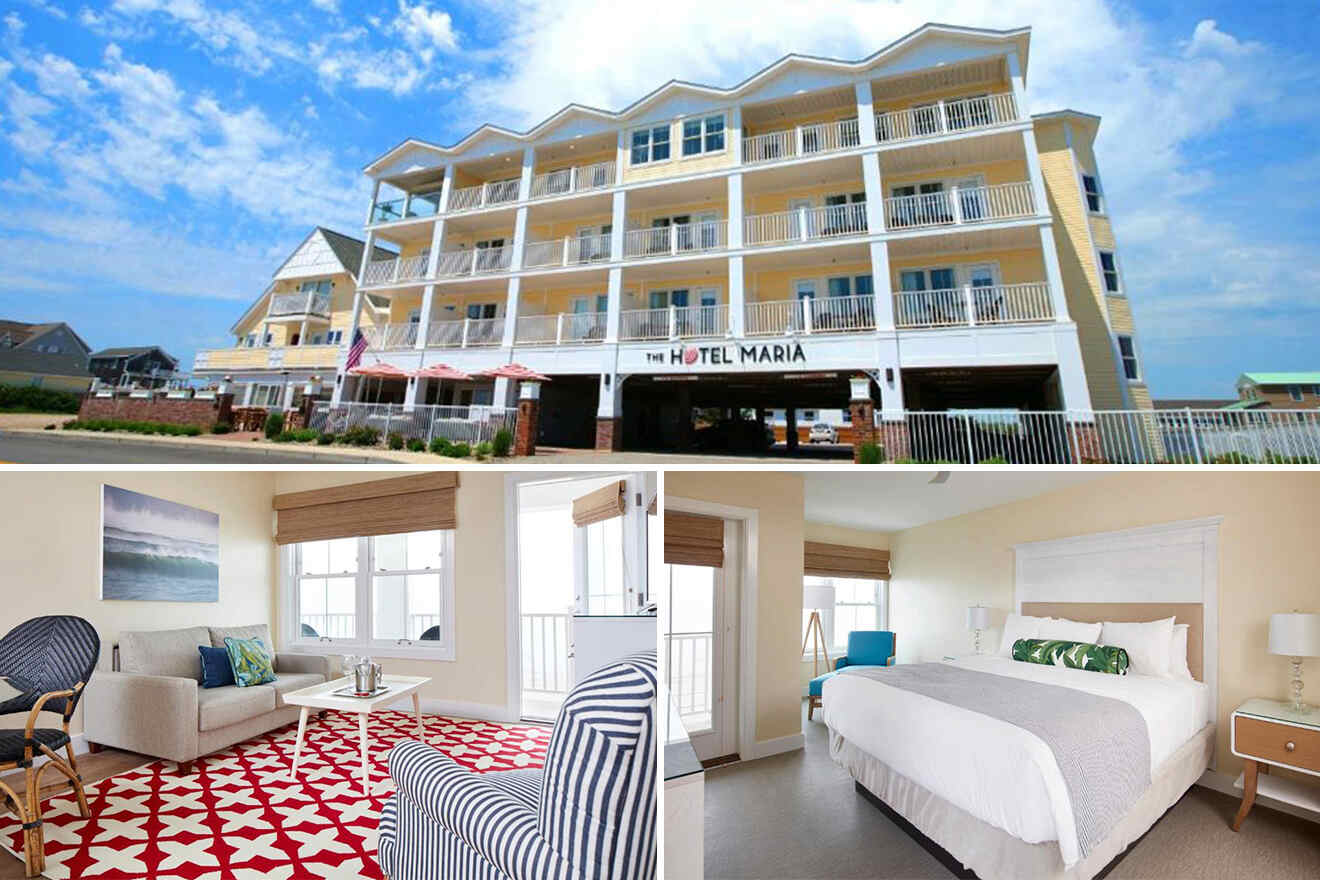 A yellow, multi-story hotel with balconies; below are interior views of a living area with white and blue decor, and a bedroom with a queen-sized bed and white bedding.