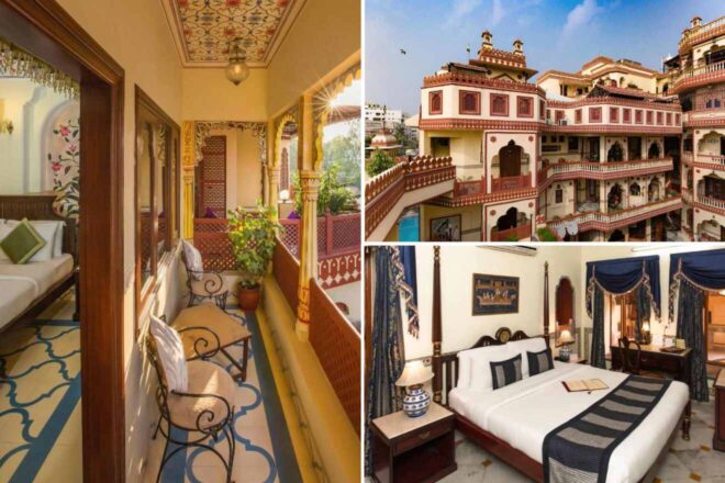 A collage of three hotel photos to stay in Jaipur: an intricately designed private balcony with traditional Indian decor, a grand exterior of a royal-style hotel with multiple terraces, and an elegant bedroom featuring a four-poster bed with luxurious blue curtains.