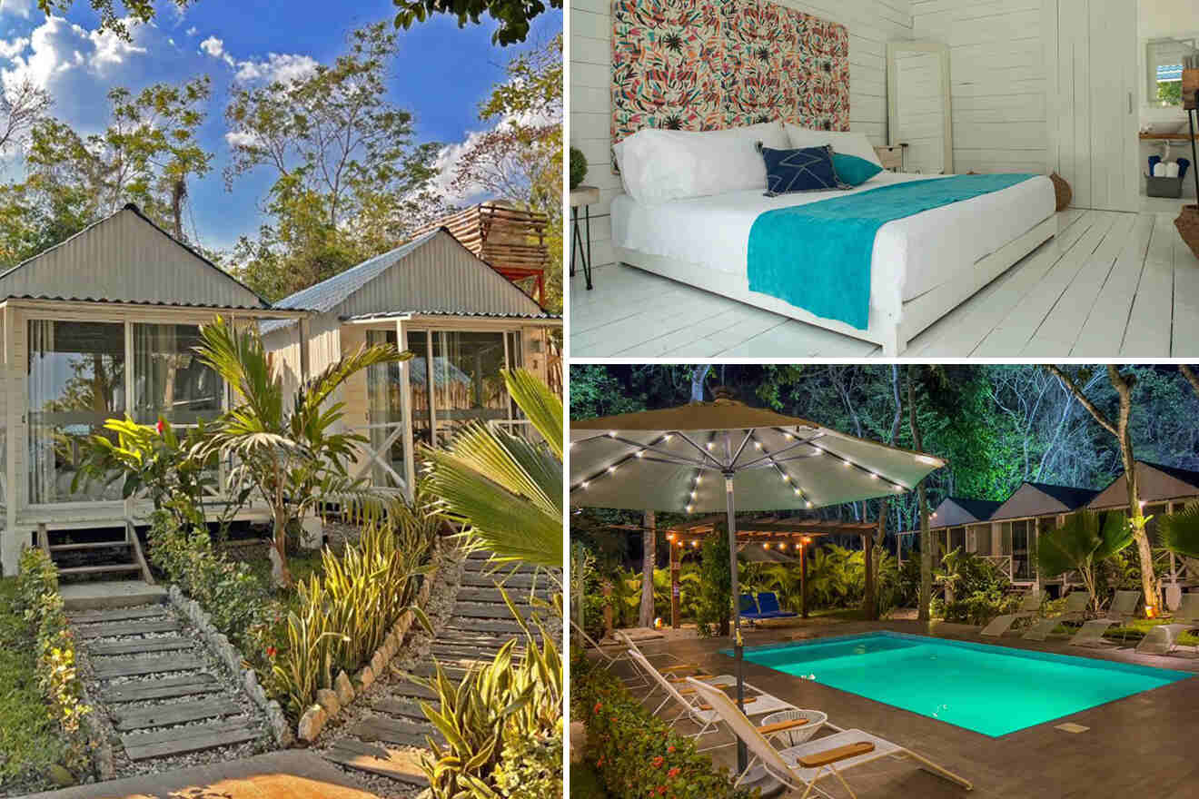 Collage of a vacation resort showing two small cabins during the day, a bedroom with a double bed and vibrant decor, and an illuminated outdoor pool area at night.