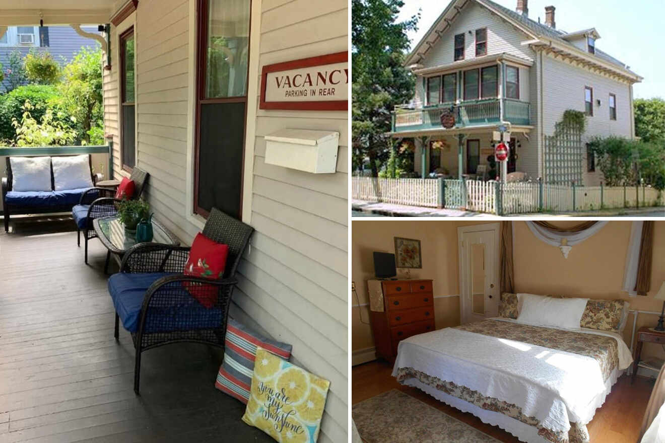 Collage of a house exterior, porch with seating area, and a cozy bedroom. The house has a "Vacancy" sign. The porch features seating with cushions. The bedroom is decorated with a large bed and vintage decor.