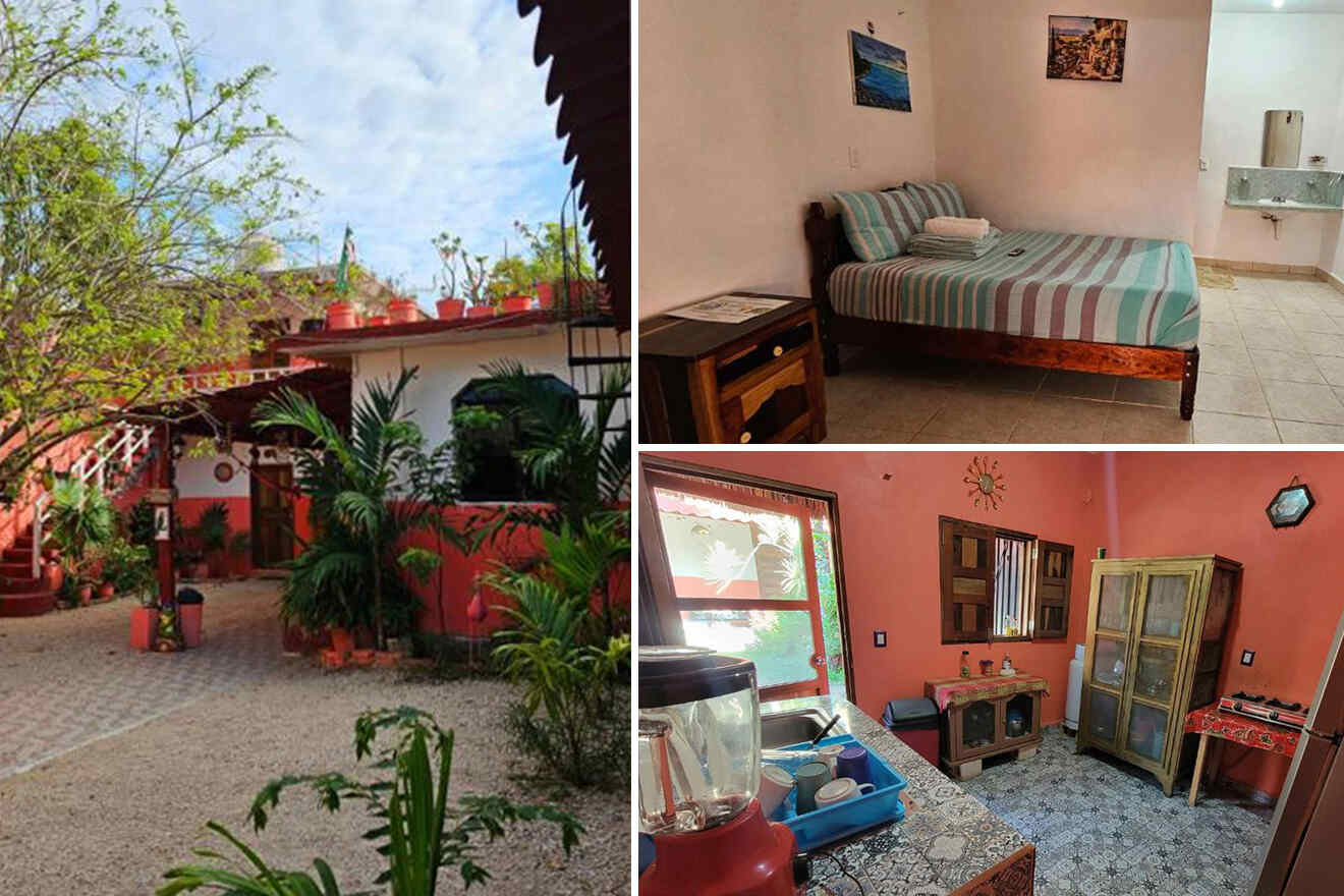 Collage of a small guesthouse featuring an outdoor garden area, a simple bedroom with a double bed, and a cozy kitchen with wooden furniture and appliances.