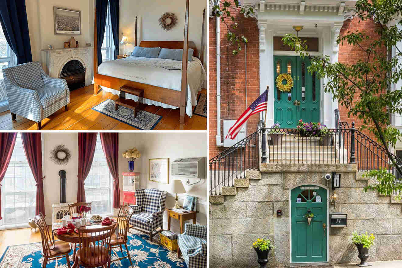 A collage of a cozy interior featuring a bedroom, a living room, and an exterior view of a brick house with green doors. Decor includes a fireplace, a dining table, and an American flag by the entrance.