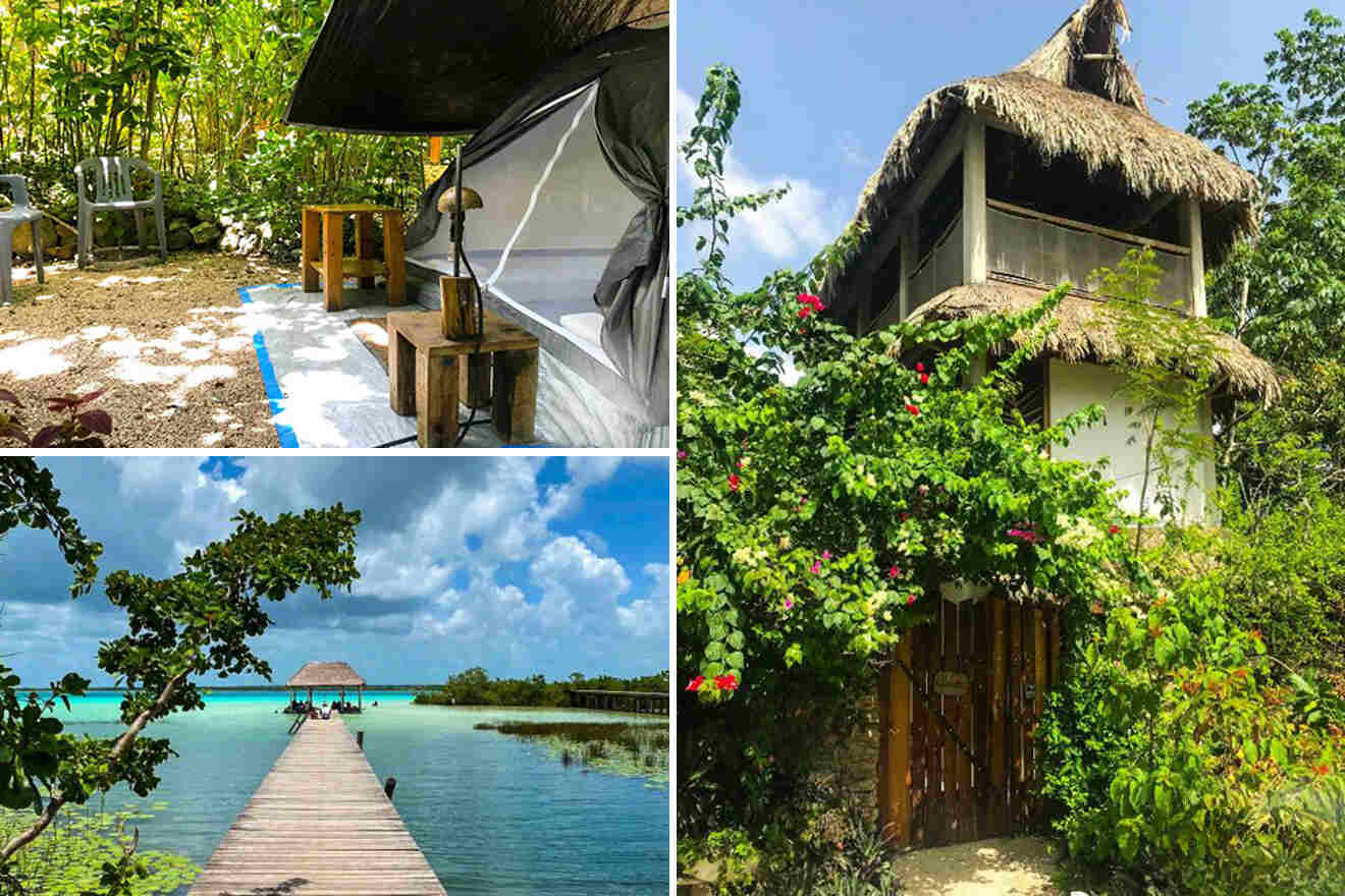 A collage of three images: a tent setup in a shaded outdoor area, a thatched-roof hut surrounded by lush green plants, and a wooden pier extending over clear turquoise water under a blue sky.