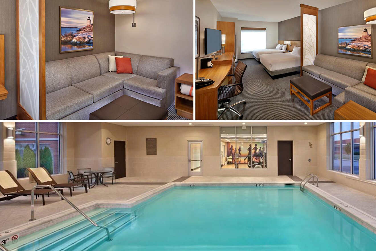 Collage of three hotel amenities: a cozy lounge with a sectional sofa, a modern guest room with a bed, desk, and TV, and an indoor swimming pool area with lounge chairs and tables.