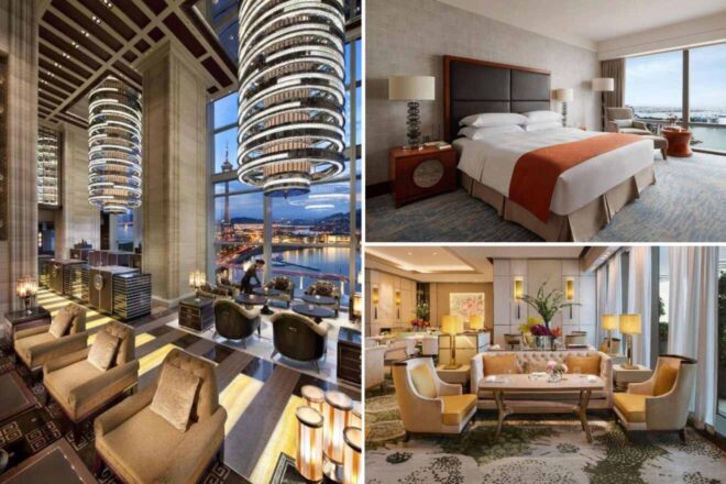 A collage of three hotel photos to stay in Macau: a grand lounge area with high ceilings, elegant chandeliers, and views of the city skyline at night, a luxurious hotel room with a king-sized bed and a view of the harbor, and an opulent dining area featuring soft lighting and plush seating.