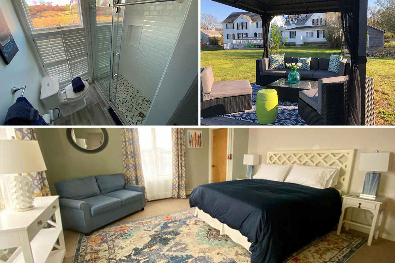 Collage: a bathroom with a shower, a backyard with outdoor furniture, a room with a blue sofa and a bed with a navy blue comforter.