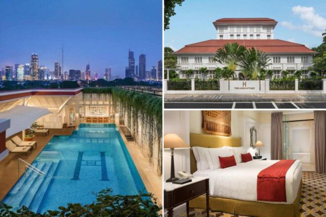 A collage showcasing a luxury hotel with a rooftop pool overlooking a cityscape, a white colonial-style building exterior, and a stylish hotel room with a large bed and elegant decor.