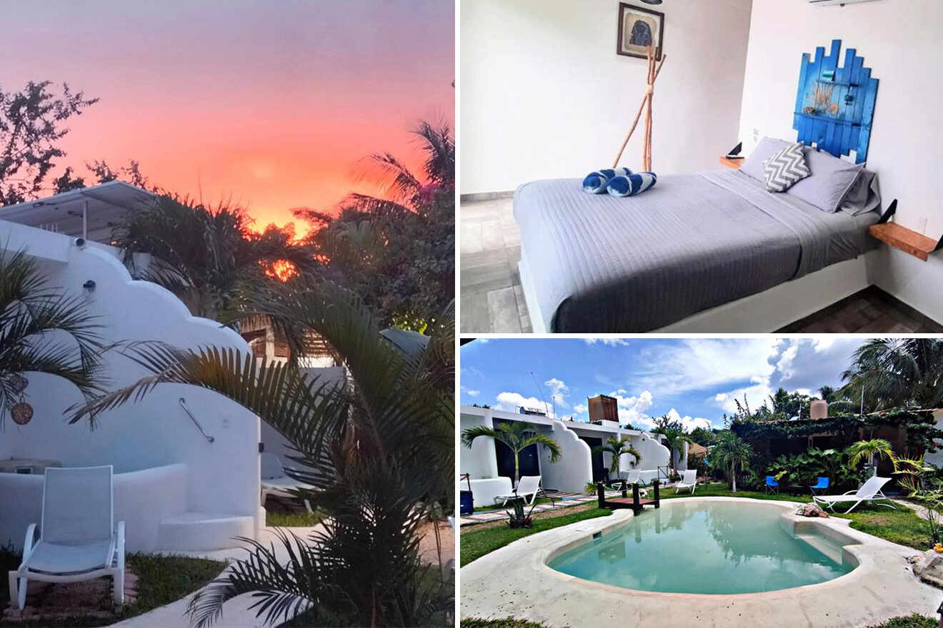 A collage shows a sunset over a white building surrounded by palm trees, a bedroom with a blue-themed decor, and an outdoor area with a pool and lounge chairs.