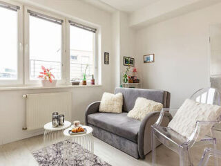 A small, bright living room with a gray sofa, transparent chair, and white coffee table. Large windows allow natural light in. Decor includes potted plants and wall art.