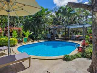 Relaxing outdoor pool area surrounded by lush greenery and lounge chairs