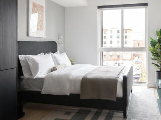 A modern bedroom features a black bed frame with white linens, a gray blanket, a large window, a potted plant, and minimalist artwork on the wall.