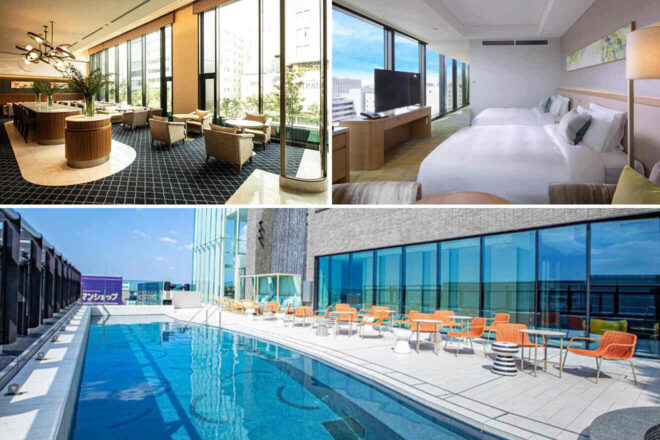 The image showcases a hotel interior with a dining area, a modern bedroom with twin beds and a flat-screen TV, and an outdoor pool area with seating arrangements by a building with large windows.