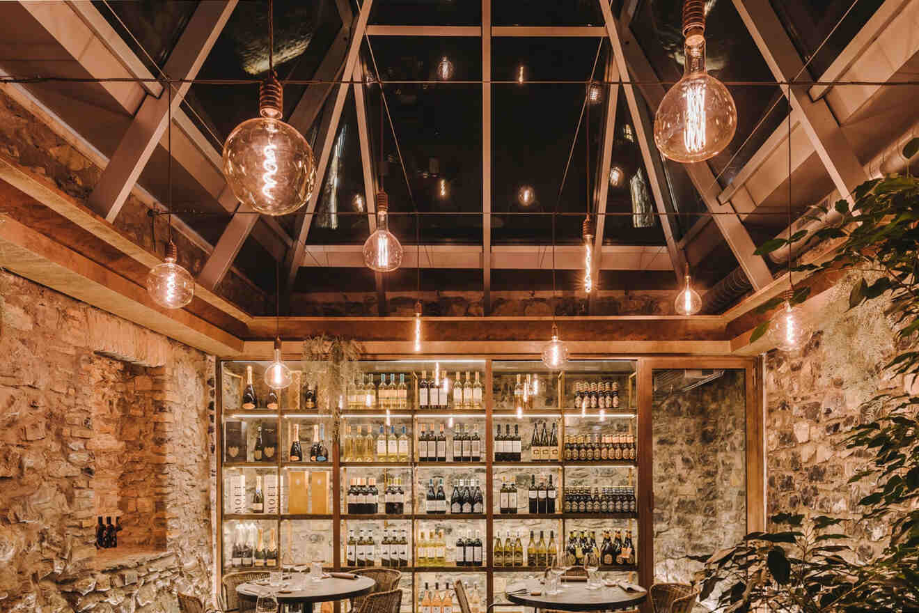 A warmly lit wine cellar with stone walls, circular dining tables, assorted wine bottles on shelves, and hanging light bulbs under a glass-paneled roof.