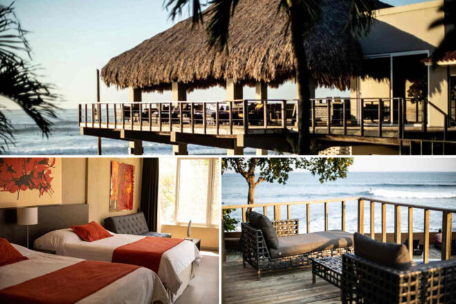 A tropical beachfront resort featuring a thatched-roof dining area, a room with twin beds, and a balcony with lounge chairs overlooking the ocean.