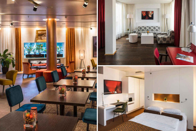 Collage of three hotel interiors: a lounge with seating and a large aquarium, a suite with a living area featuring modern furniture, and a cozy bedroom with a double bed and a wall-mounted TV.