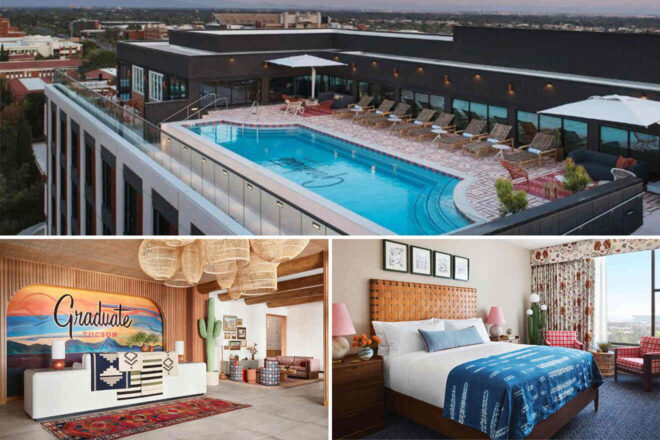 A rooftop pool with lounge chairs; collage also shows a hotel lobby with colorful decor and a cozy bed in a well-decorated room.