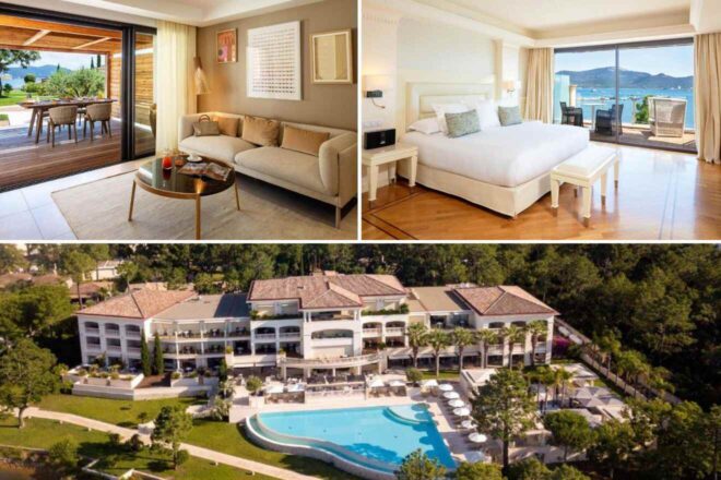  modern suite with beige furnishings and a balcony view of the sea, a pristine bedroom with floor-to-ceiling windows overlooking a private deck, and an aerial view of a luxurious hotel with a large outdoor swimming pool surrounded by greenery.