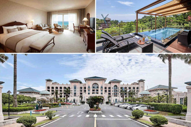 A collage showing a hotel room with two beds, a balcony with a pool and lounge chairs overlooking greenery, and the hotel's grand exterior with palm trees and a driveway.