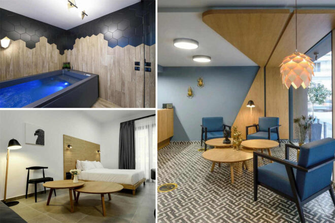 Collage of a modern bathroom with a bathtub, a bedroom with a bed and wooden furniture, and a lounge area with blue chairs and geometric decor.