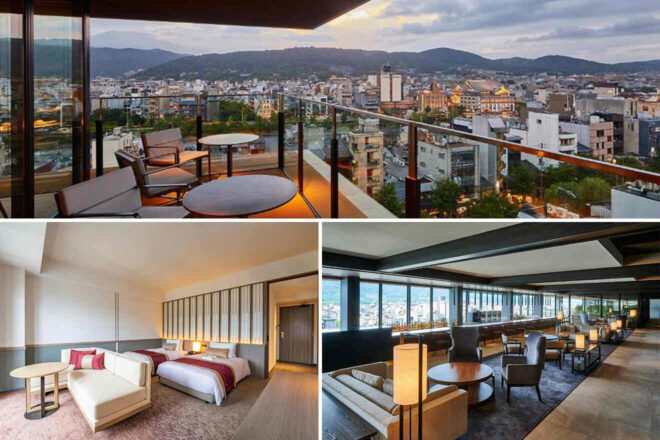 A collage shows a hotel balcony with city and mountain views, a room with two beds and sitting area, and a lounge with large windows and seating.