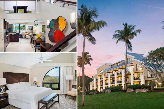 Collage showing a resort's exterior with palm trees at sunset and two interior images: a modern dining area and a bedroom with a large window.