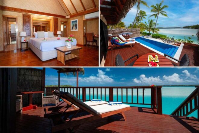 A collage of three hotel photos to stay in Cook Islands: a cozy bedroom with a tropical wood design, a private pool deck offering stunning beach views, and a sunny balcony with lounge chairs and a view of turquoise waters.