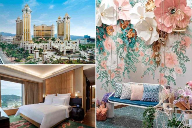 A collage of three hotel photos to stay in Macau: the impressive exterior of Galaxy Macau with its grand golden towers, a stylish hotel room with modern decor and a large bed, and a floral-themed seating area adorned with oversized flower decorations and colorful pillows.