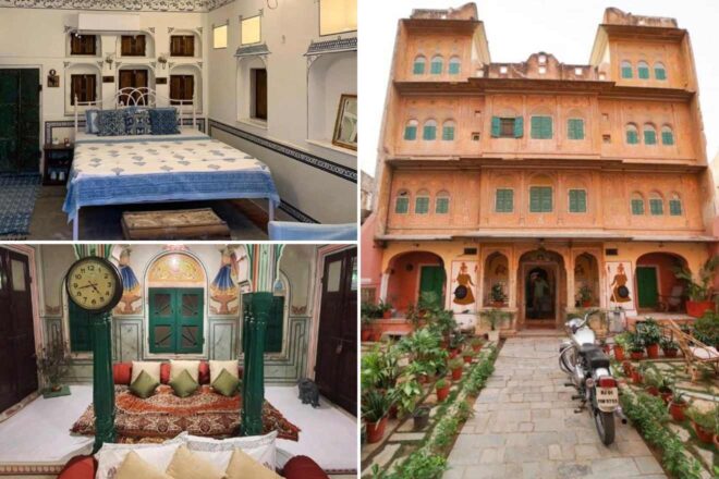 A collage of three hotel photos to stay in Jaipur: a charming courtyard-style haveli with a vintage exterior and green shutters, a cozy bedroom with a patterned bedspread and traditional Rajasthani decor, and a lounge area featuring colorful cushions and murals.