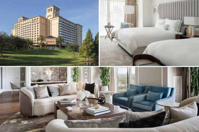 A collage shows the exterior of a tall hotel building on the left, a modern bedroom with two beds on the top right, and a luxurious living room with beige and blue furniture on the bottom right.
