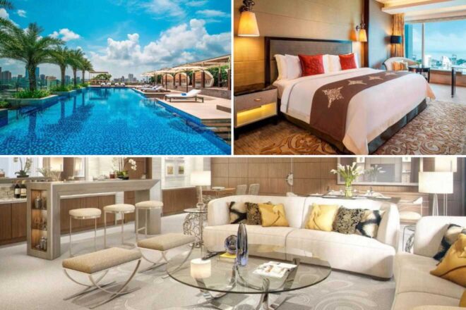 A luxurious hotel collage featuring an outdoor pool with lounge chairs, a spacious bedroom with a large bed, and a modern, comfortable living area with stylish furniture.