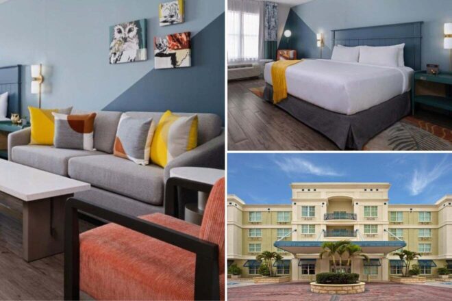 A collage of three hotel photos to stay in Sarasota: a modern suite featuring a comfortable gray couch with bright yellow and orange accent pillows, a cozy hotel room with a king-sized bed and mustard-colored throw, and the exterior of a beige, multi-story hotel with a tropical entrance.