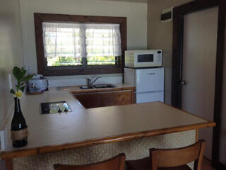 Small kitchenette with a microwave, fridge, and counter space