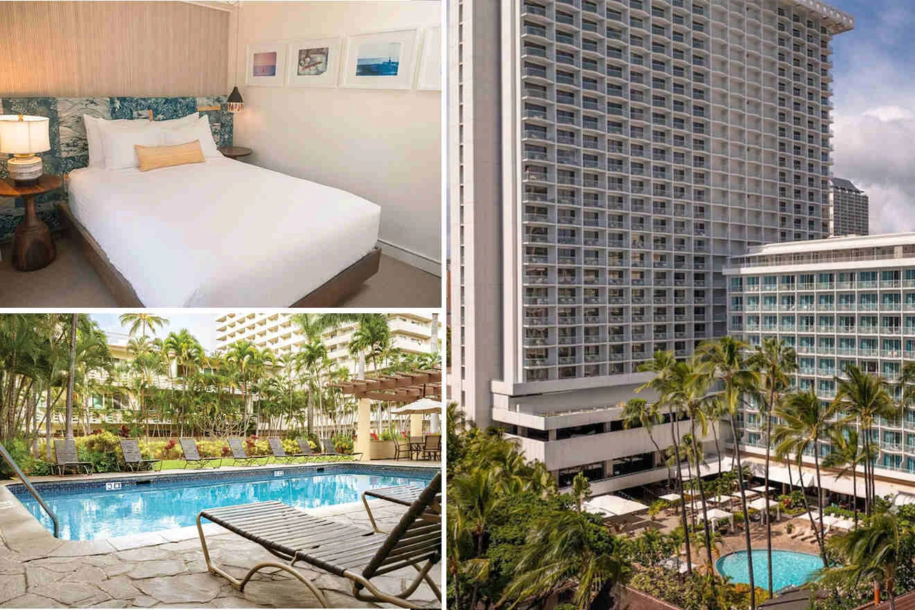 A collage showing a hotel room with a double bed, an outdoor pool with lounge chairs, and the exterior of a high-rise hotel building surrounded by trees.