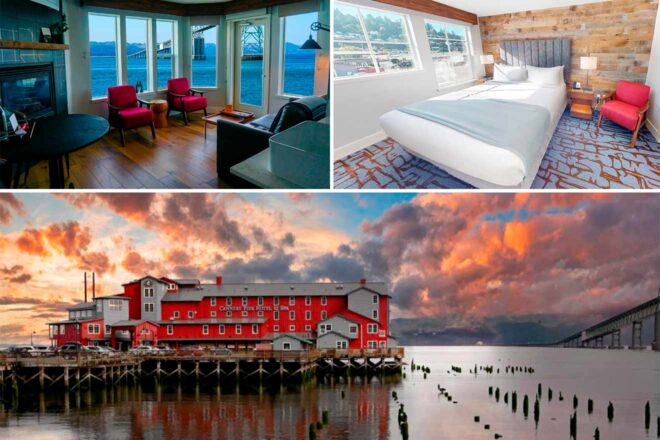 A collage featuring a waterfront living room, a cozy bedroom with a wooden headboard, and a large red building on stilts over water at sunset.