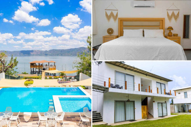 A collage featuring a lake view, modern bedroom, an outdoor pool area, and a two-story building with balconies, all part of a serene and stylish retreat.