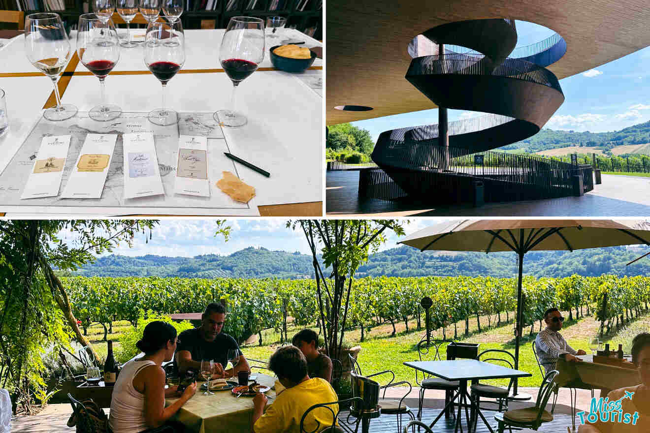 A collage of three photos: A table set with wine glasses and tasting notes, a modern spiral staircase, and a group enjoying a meal outdoors with a vineyard in the background