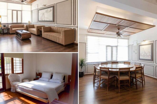 A collage of three hotel photos to stay in Jaipur: a spacious, minimalist living room with beige sofas and wooden flooring, a well-lit dining area with a large round table, and a bright bedroom with a simple, modern bed and decor.