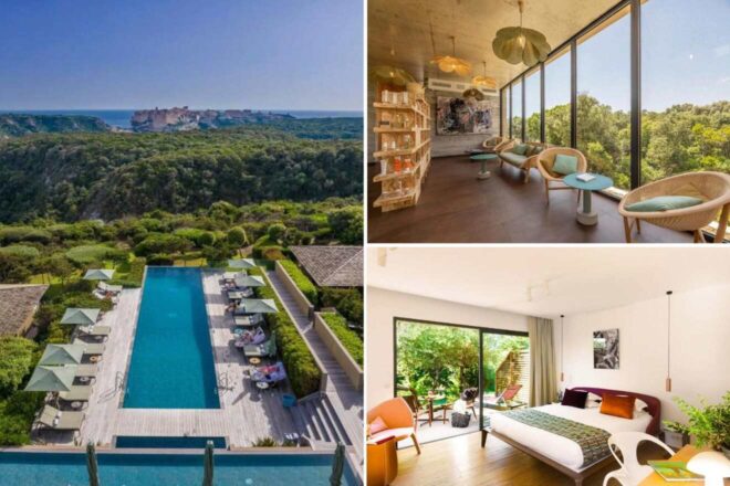 A hillside hotel featuring a stunning outdoor pool with expansive views of the sea and a nearby citadel, a chic reading lounge with large windows showcasing a forest view, and a bright, minimalist bedroom with direct access to a private garden.