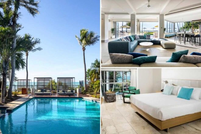 A collage showing a swimming pool, a modern living area with ocean views, and a bedroom with a large bed and green accents.