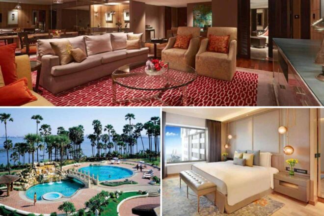 Collage of three images: a living room with beige furniture and vibrant rug, a balcony view of a hotel pool area with palm trees, and a modern hotel room with a large bed and city view.