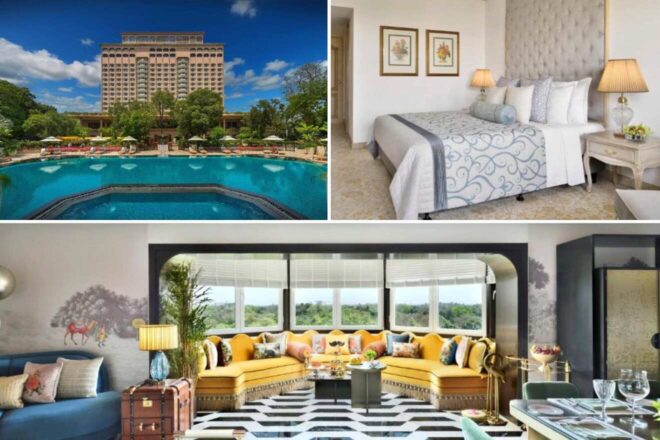 A collage of three hotel photos to stay in Delhi: the Taj Mahal hotel’s grand exterior with a large pool under a bright blue sky, a serene bedroom with soft pastel decor, and a lavish suite with a yellow and blue seating area overlooking a scenic view.