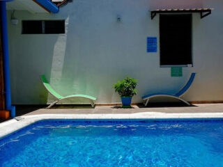 Poolside scene with two lounge chairs, a potted plant, and a white building wall with a window and signage in the background.